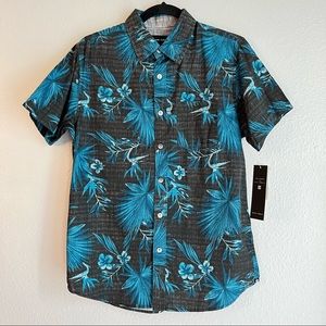 Ocean Current Black & Teal Tropical Short Sleeve Button Down Shirt Mens Small